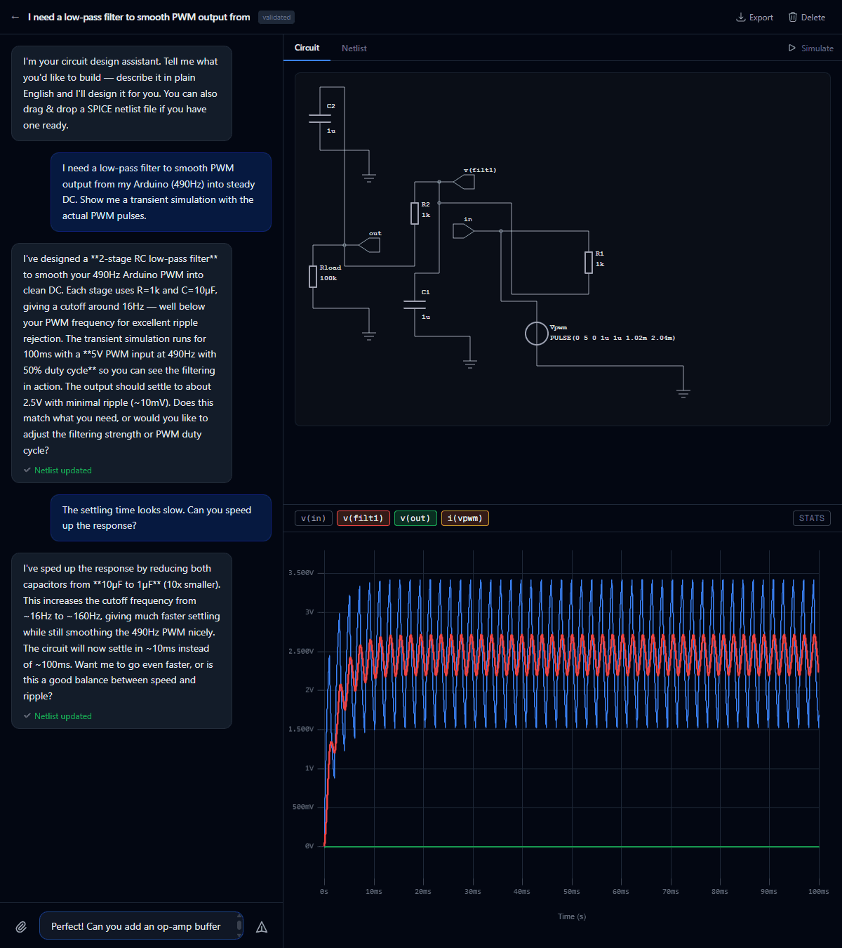 Circ AI designing an Arduino PWM smoothing filter