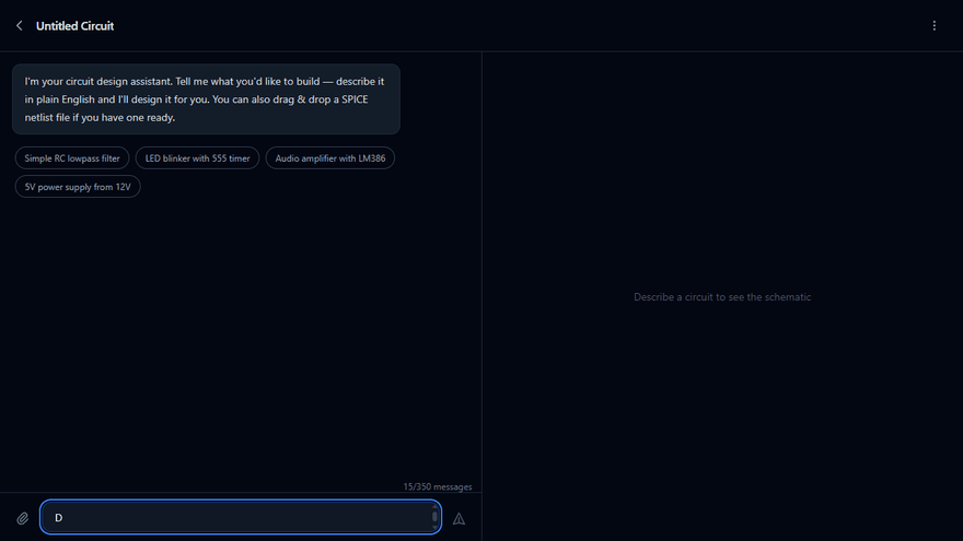 Circ AI demo: typing 'Design a headphone amp with warm tube-like tone' and getting a schematic with simulation waveforms